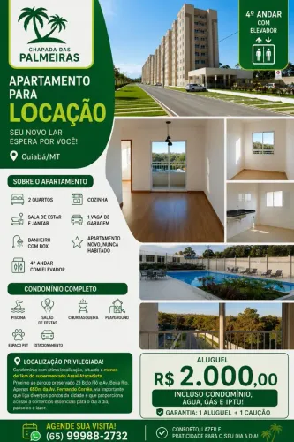 APARTAMENTO NOVO PARA LOCAÇÃO - CONDOMÍNIO CHAPADA DAS PALMEIRAS