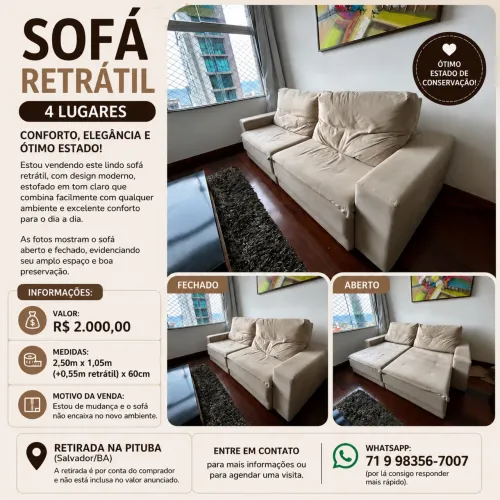 SOFÁ RETRÁTIL 4 Lugares - CONFORTO, ELEGÂNCIA E ÓTIMO ESTADO!