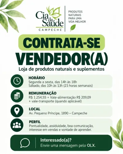 Vendedor (a) de Produtos Naturais - 23h/semana - Campeche