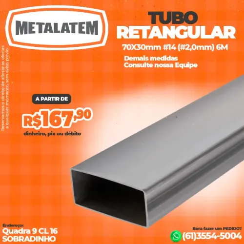 Metalon Tubo Retangular 70x30 mm #14 (2,0 mm) - 6 Metros