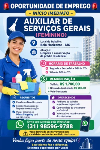 Vaga Auxiliar de Serviços Gerais- BH