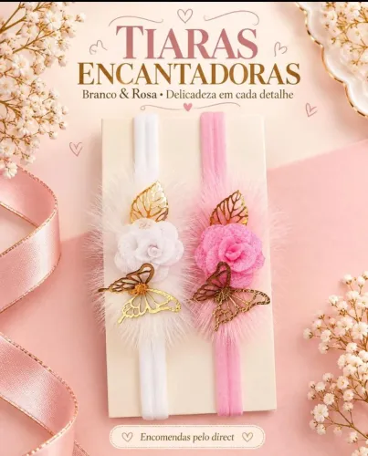 Tiara Infantil Branca ou Rosa com Borboletas Douradas