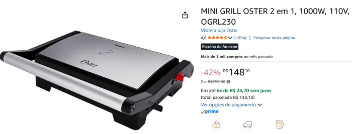 NOVO LACRADO - MINI GRILL OSTER 2 em 1, 1000W, 110V, OGRL230 - NOVO LACRADO