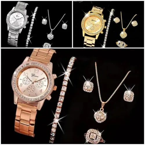 Kit relógio, brinco, anel, corrente e pulseira 