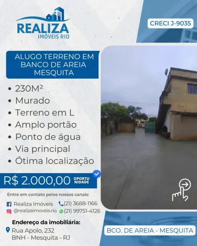 Realiza Imóveis - ALUGO EXCELENTE TERRENO EM BANCO DE AREIA - MESQUITA