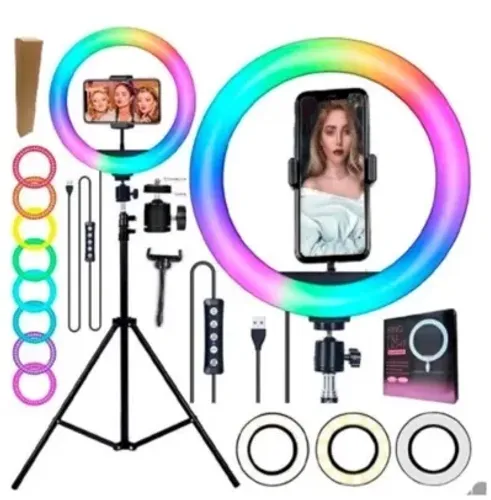 Ring Light Luz 30cm 12 pol RGB Colorida LED 20W Suporte Iluminador Celular Tripé 2m z1048