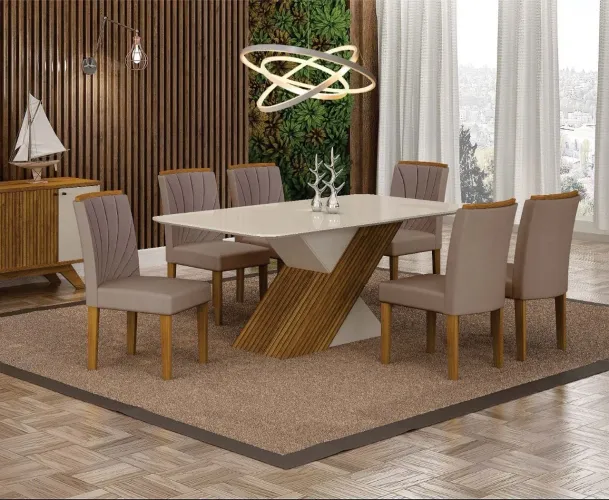 Mesa de jantar 6 cadeiras ilhéus com tampo de vidro lackeado cantos boleados em Promoção!