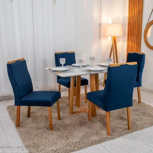 Mesa de Jantar Pedro 120x80 Vidro Off 4Cd Veludo Azul Art Assento - Entrega Rápida!