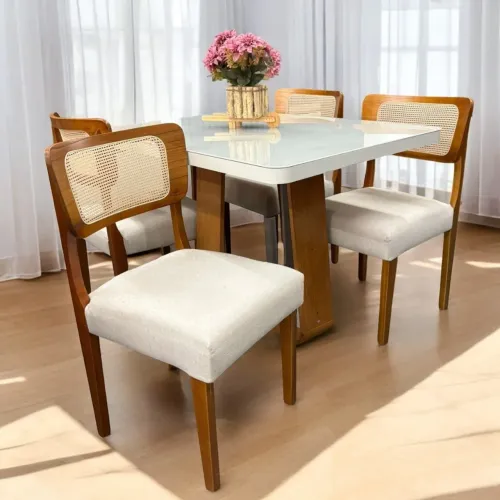 Mesa de Jantar Sintonia 120 Clean/Off White com 4 Cadeiras Linho Bege