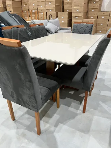 Mesa com 6 Cadeiras Veludo Cinza ÚLTIMA PEÇA