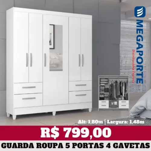 Guarda Roupa (Novo) 5 Portas com Espelho 4 Gavetas - Entrega Grátis!