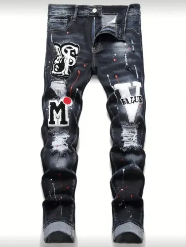 Jeans Destroyed com Apliques para Moda Teen Masculina