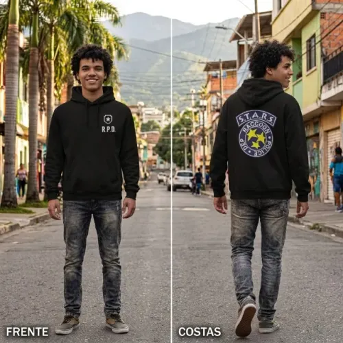 Moletom Resident Evil. R.P.D. Stars na cor preto com capuz e bolso canguru tam. G
