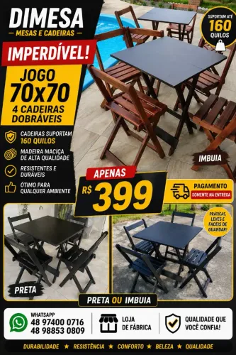 Kit completo mesa + 4 cadeiras preto ou imbuia 