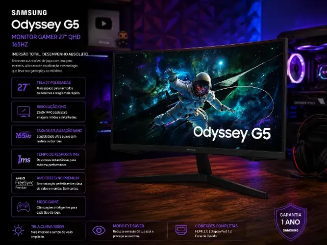 Samsung Odyssey G5 27P QHD 165Hz - Imersão Total Gamer