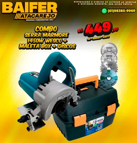 Combo Serra Mármore 1450w Wesco + Maleta Box + Discos