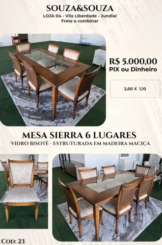 Mesa Sierra de Madeira com Vidro Bisotê 6 cadeiras