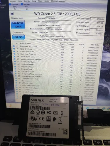 ssd 2tb 2000gb sata SanDisk apenas 84h de uso. item: 0162026