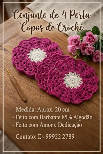 Jogo 4 Porta Copo de Crochê 