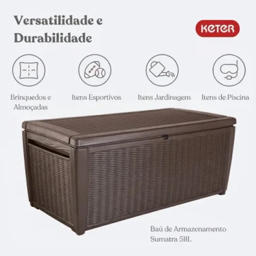 Bau Plástico 511L Keter Sumatra Marrom Quintal Piscina Sol/Chuva Banco 350kg