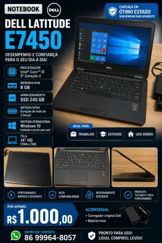 Notebook Dell Latitude E7450, Intel Core i5 - 8 GB, SSD 240 GB, bateria boa
