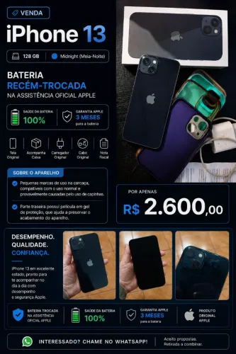 iPhone 13 midnight, 128GB, bateria nova