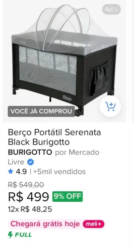 Vendo berço portátil burogotto usado 3 vezes