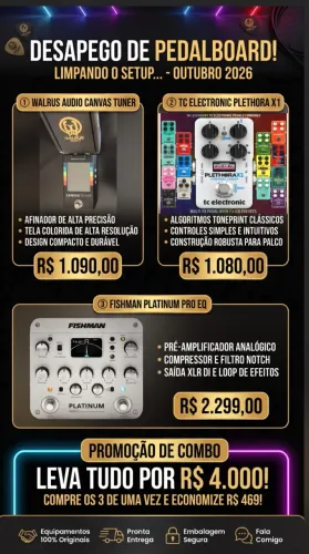 Walrus Audio Canvas, Plethora X1 e Fishman Pro EQ. Pedais no precinho