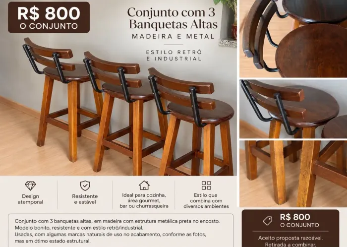 Conjunto 3 Banquetas Altas de Madeira com Encosto - R$ 800