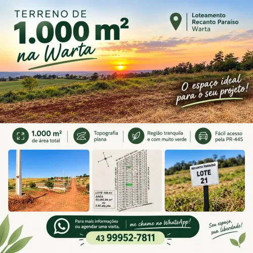 ? TERRENO DE 1.000 M² NO RECANTO PARAÍSO - WARTA