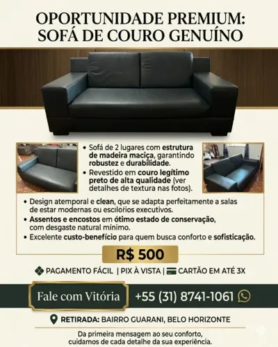 Sofá de couro 3 lugares marca castor