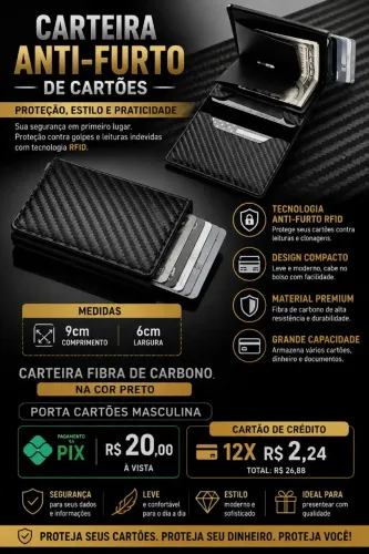 Carteira de fibra de carbono cor Preto, masculino.
