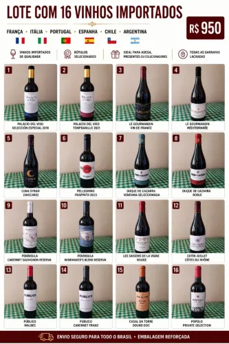 Lote com 16 Vinhos Importados Lacrados