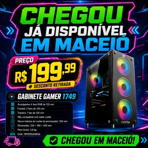 GABINETE GAMER 1749 COM 4 FANS RGB p/ preço retirada