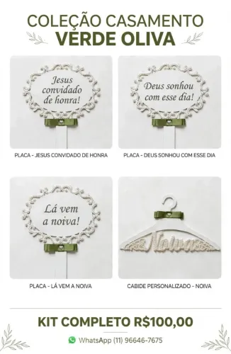 Kit Casamento Verde Oliva - 3 Placas + Cabide Noiva Pérolas