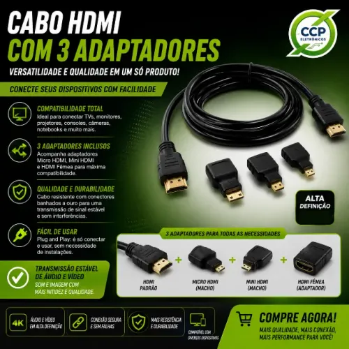 Cabo HDMI 3 em 1 Mini Hdmi+Micro Hdmi Full Hd de 1,5 m
