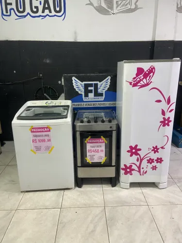 GELADEIRA ESMALTEC DEGELO SECO FOGÃO 4 BOCAS MANUAL MÁQUINA DE LAVAR 12 KG