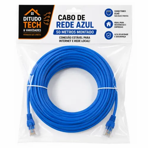 Cabo de Rede Azul 50 Metros Montado RJ45 - Novo - Ditudo Tech e Variedades
