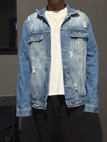Jaqueta Jeans Masculina Destroyed Lavagem Clara Oversized Tam G