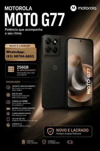 Motorola Moto G77, 256GB / 8GB, 5G, Novo, Lacrado + NF e Gar. 1 Ano