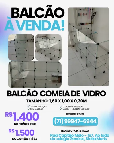 BALCÃO COMEIA COM ESTRUTURA DE VIDRO