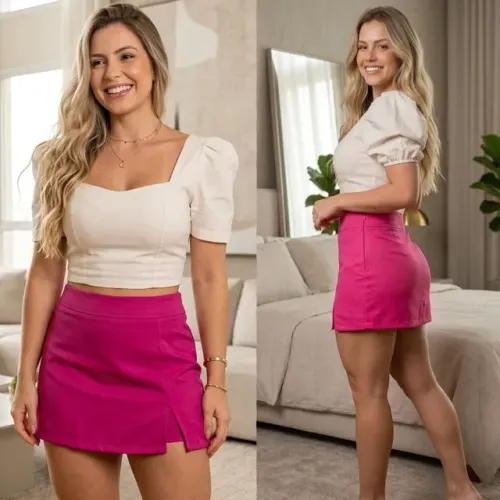 Short saia curto alfaiataria com fenda e zíper lateral feminino