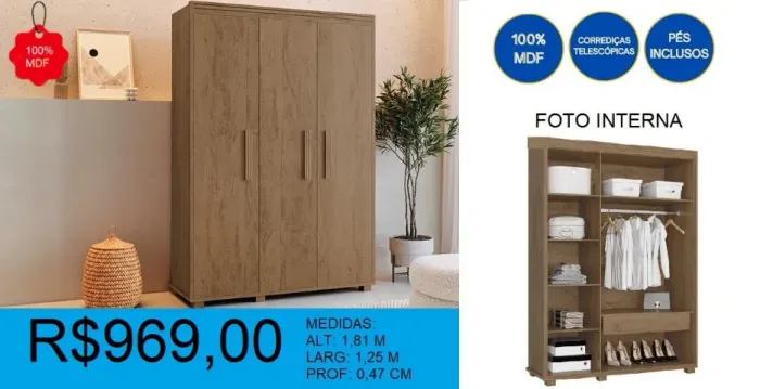 Armario multi uso 100% mdf 3 portas - a pronta entrega 