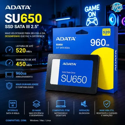 SSD Adata SU650 960Gb Sata III Leitura 520mbs Gravação 450mb