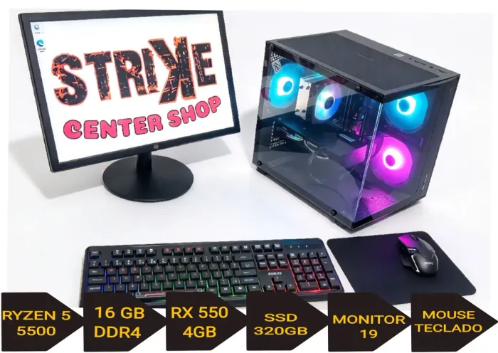 PC Gamer Ryzen 5 5500, RX 550, 16GB, 320GB, Monitor e Periféricos com NF e Garantia