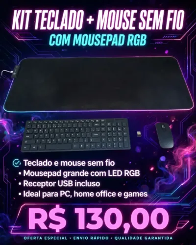 Kit Teclado e Mouse sem Fio + Gamapad RBG Grande
