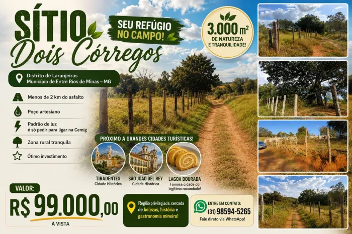VENDO TERRENO/SÍTIO 3 MIL METROS QUADRADOS - ENTRE RIOS MG