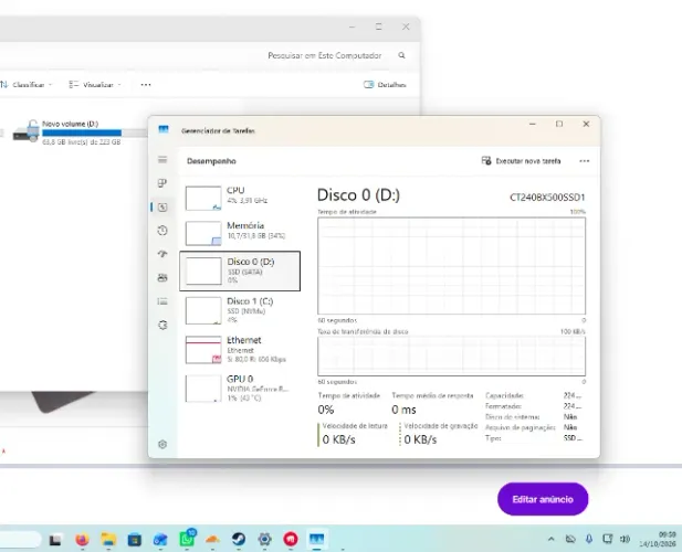 SSD Crucial BX500 240GB(Imagem do ssd ilustrativa pois esta dentro do pc)