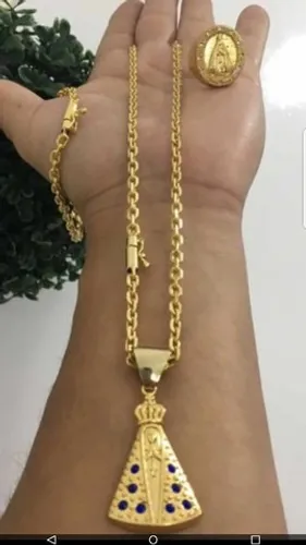 Cordão cadeado maciço pingente cravejado nossa senhora aparecida banhado a ouro 18k