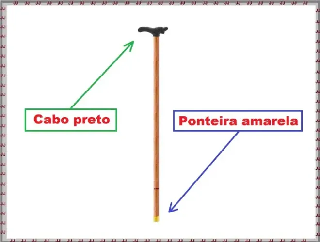Cajado de apoio - bastão - bengala em madeira com cabo preto e ponteira amarela